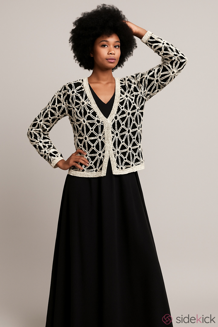 Anthropologie Solitaire Black & White Floral Pattern Crochet Cardigan Sz L (EUC)